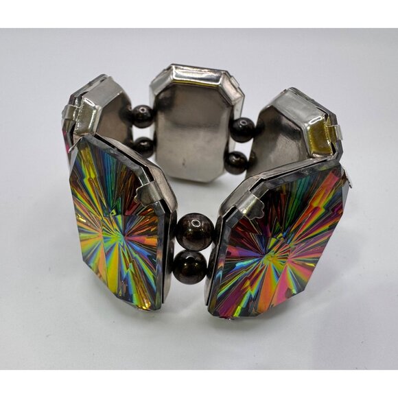Chunky Rainbow Vitriol Glass Stretch Bracelet - Rectangular Panels - Silver Tone - Picture 7 of 10